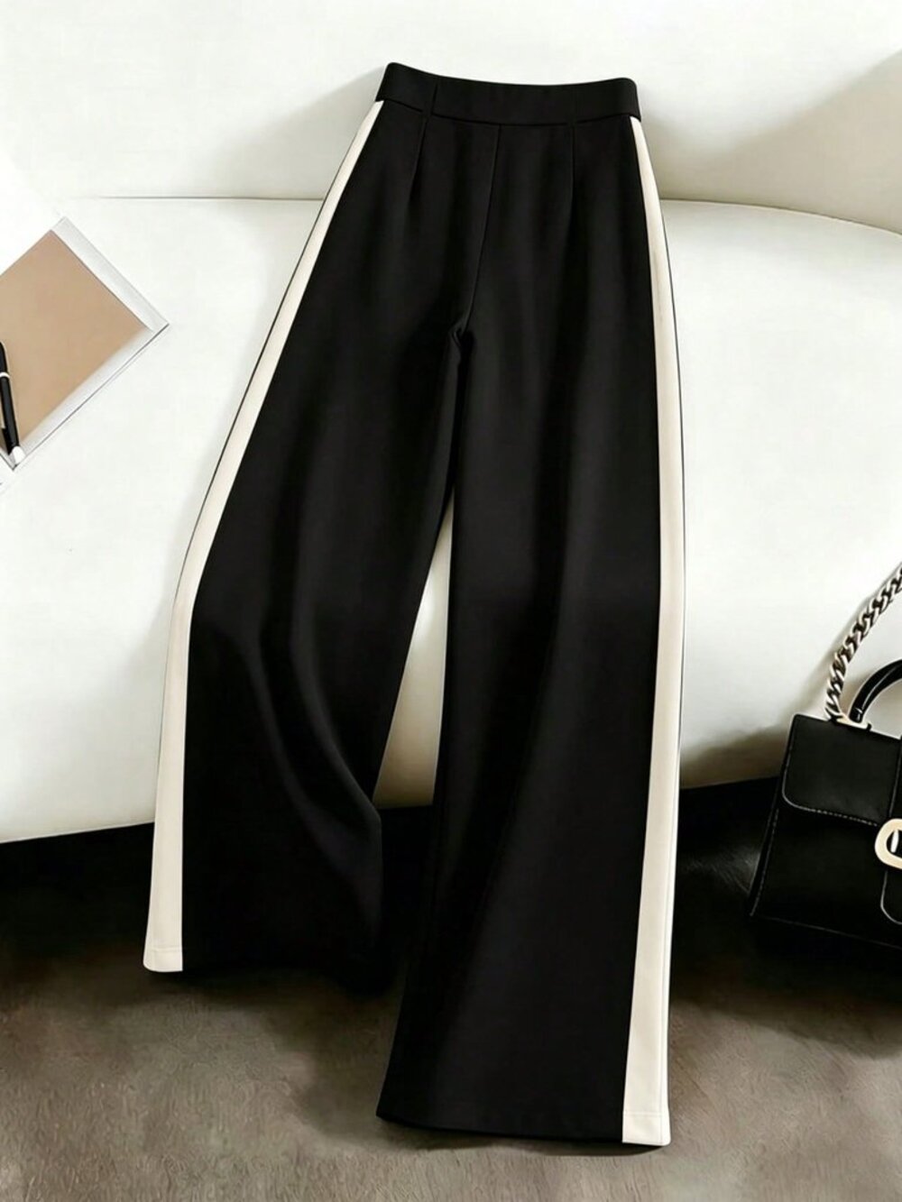 Black \ Elegant Women's Contrast Piping Wide Leg Straight Pants